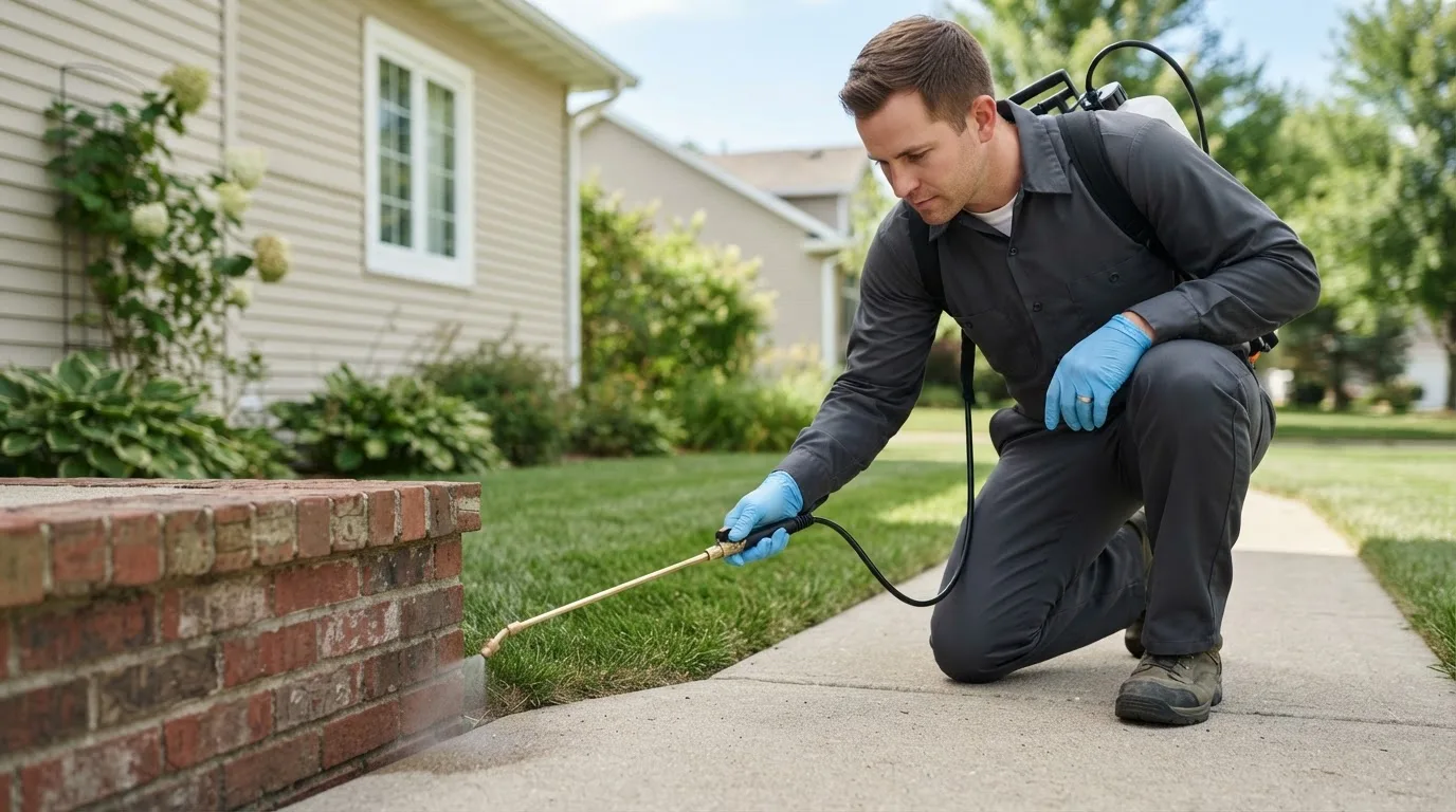 Pest control technician treating a home near Garnavillo, IA