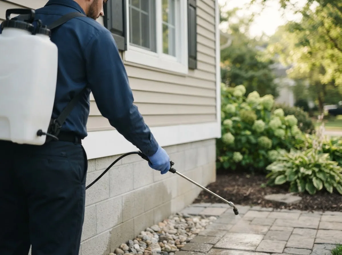 Pest control technician inspecting a home in Garnavillo, IA